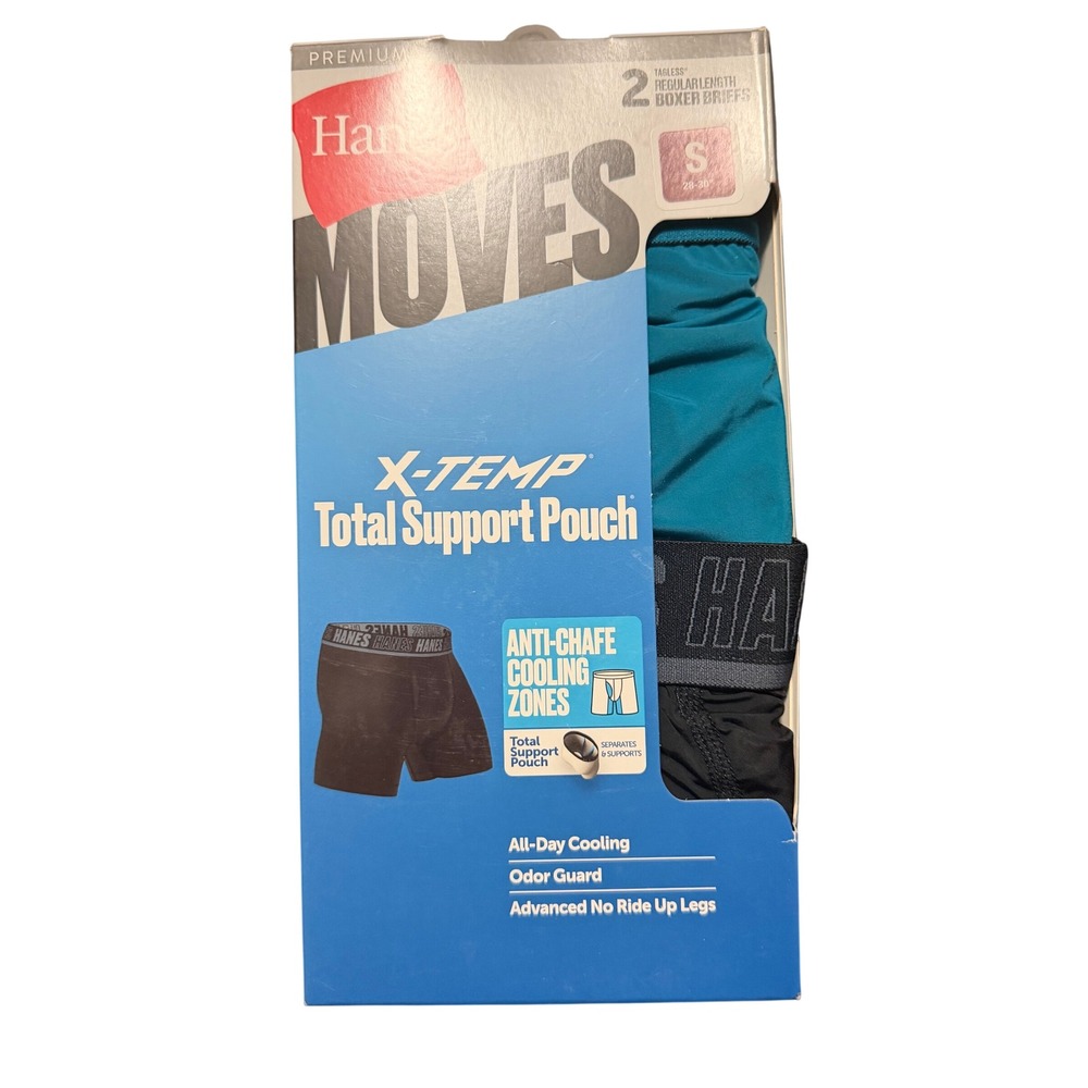Hanes Moves X-Temp Total Support Pouch Boxer Briefs 2-Pack Mens Small Black Teal